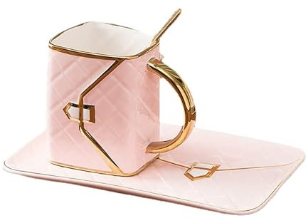 Asiasioc Handväska mugg väska formad keramisk kopp kaffe mugg kopp set design ritning guld handväska stil mugg med sked företag gåva temuggar (rosa)