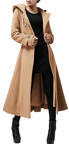 Cicy Bell Langer, zweireihiger Damenmantel mit Kapuze, Winter, warm, Wolle, Trenchcoat mit Gürtel, CAMEL, L