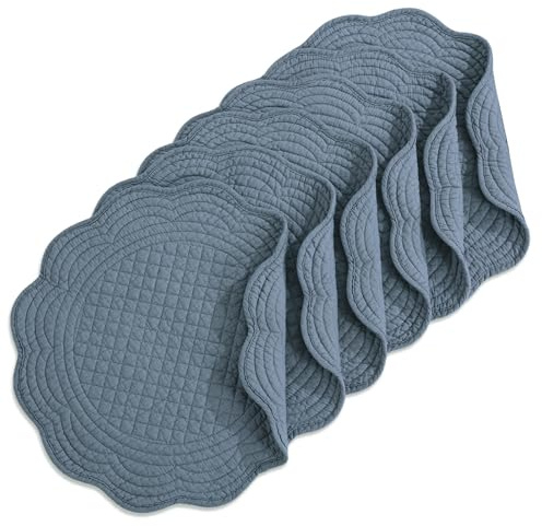 HOMBYS Quilted Placemats Set of 6 Washable Round Placemats for Kitchen Table-100% Cotton Fabric 14 Inch Round Table Mats, Cotton Fabric with Microfiber Filling, (14x14, Blue)