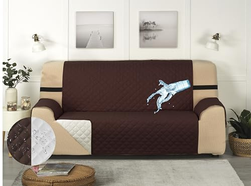 LAN&LAN - Funda Sofa Impermeable y Reversible, Protector de Manchas y derrames de niños y Mascotas, Cubre sofá Lavable y Ajustable con Correas elásticas (3 Plazas, Chocolate)