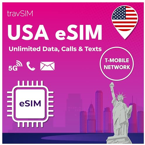 travSIM eSIM USA | Réseau T-Mobile | Données, appels et textes illimités aux USA | e SIM Etats Unis Fonctionne sur Les appareils iOS et Android compatibles eSIM | Carte e-SIM SIM Prépayée 7 Jours