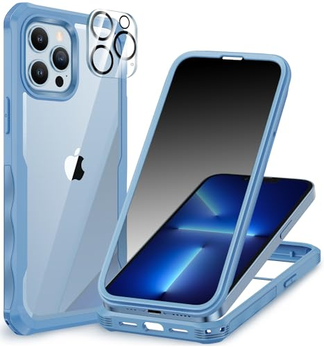 CENHUFO Sichtschutz Hülle für iPhone 13 Pro, mit Eingebautem Privacy Panzerglas Displayschutz und Kameraschutz, 360 Grad Handyhülle Schutzhülle Stoßfest Panzerhülle Anti Spy Cover Case - Blau