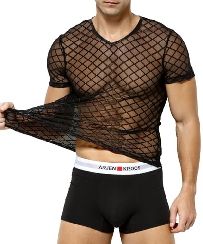 Casey Kevin Maglia Trasparente Uomo Rete - Intimo Sexy Uomo - Mesh Fishnet T-Shirt - Uomo Vedere Attraverso Camicia Party
