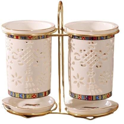 Portautensilios Soporte for utensilios de cerámica ahuecado de 2 piezas con soporte de metal for encimera de cocina, organizador de almacenamiento de cubiertos for palillos, cucharas y tenedores Bote