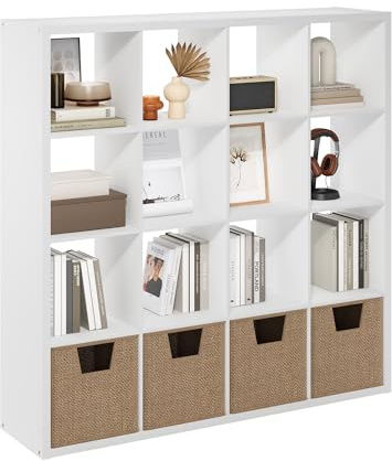 Furinno CUBICLE Book Shelf, 16-Cube Thick Frame Bookshelf, Reversible Bookcase with Open Back, 14.6 x 57.8 x 58, for Living Room, Bedroom, Home Office, White