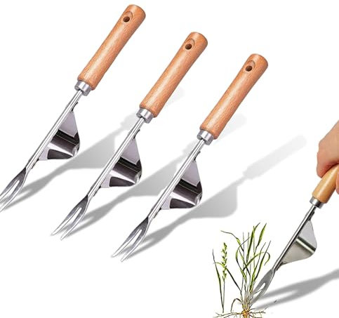 LeuKoles Unkrautstecher aus Edelstahl mit Holzgriff, Wurzeljäter, Handweeder zum Graben, Jäten und Lockern, Geschenk für Gärtner und Gärtnerinnen,3 Stück