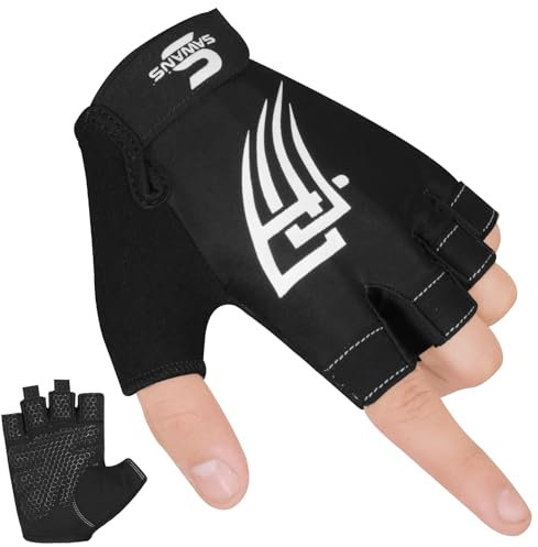 SAWANS Gewichtheber-Handschuhe für Damen und Herren, Fitness, Workout, Training, atmungsaktiv, rutschfest, mit Silikon gepolstert, Handflächenschutz, Halbfinger, Klimmzüge, Schwarz, XL