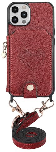 VQWQ Wallet Case Compatible with iPhone 13 Pro 6.1 - 1,5M Strap Zipper Heart Leather Case Card Slot Stand Anti-Shock Cash Pocket Full Protect Kickstand Cover For iPhone 13 Pro 6.1 [AX] -Red
