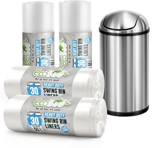 EcoBag - 120 Pack Heavy Duty White Bin Liners - 55L - 15 Microns - Extra Strong, Leak-Proof, Tear-Resistant Bags for Swing Bins, Kitchen, Home & Office (580x880mm), BDS02