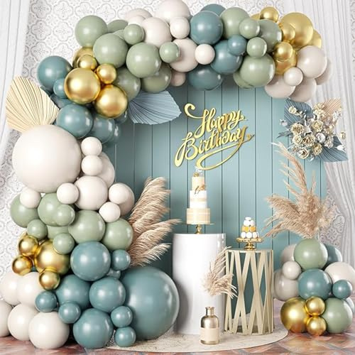 QIFU Luftballon Geburtstag Grün, 99 Stück Ballon Girlande Salbeigrün Blau | Luftballongirlande Blau Gold Metallic Ballonbogen für Geburtstagsdeko Hochzeit Boy or Girl babyparty Teeparty Baby Shower