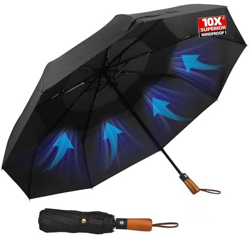 Hannstar Compact Umbrella Windproof Strong with wood handle - Automatic umbrella for Men and Women - 10 Ribs Fiberglass and Large umbrella for Rain & UV Sun Protect (Couble canopy-Black)