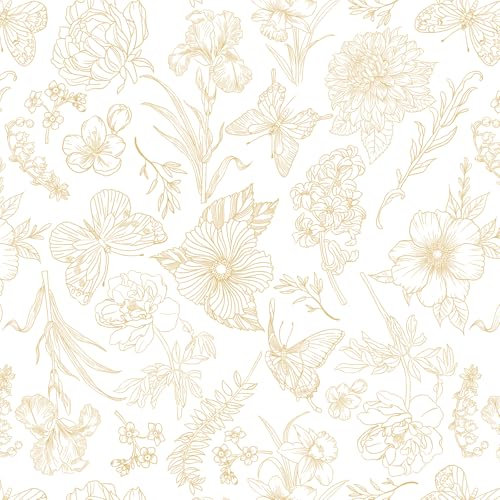 Yomshi Papier peint autocollant blanc et doré à décoller et à coller - 44 x 300 cm - Motif floral et papillon - Dos adhésif épais - En vinyle imperméable - Pour chambre à coucher, salon, cuisine