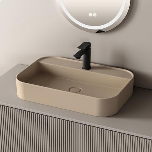 EMKE Waschbecken Bad - Eckig Hängewaschbecken Matt Pale Beige, 60 x 40 x 11 cm Keramik Waschbecken für Badezimmer & Gäste-WC, Hochwertiges Waschtisch Aufsatzbecken