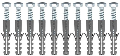10Pack M10 x 50mm Strong Anchor Nylon Wall Fixing Plug + Heavy Duty Zinc Plated Coach Bolt Screw with 13mm HEX Bolt Head, Steel Bolt KIt Masonry Brick Wall Screws for TV Brackets Aerial Mounting