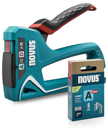 NOVUS TOOLS Handtacker J-15 Set mit 1800 Klammern │ 2-in-1 Tacker für Holz, Stoffe und Folien mit ABS-Kunststoffgehäuse │ Für Feindraht- und Flachdrahtklammern von 4 bis 10 mm