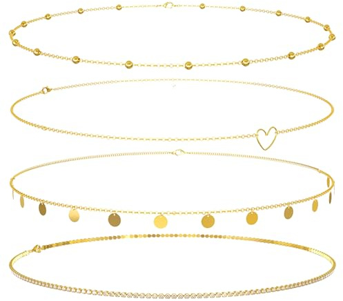 4 Stück Bauchkette Gold Wasserfest,Bauchketten,Körperkette Gold,Taillenkette,Body&Belly und Waist Chain,Bauch Kette,für Frauen,Sommer Bikini,Alltag Outfits,Stylish Körper Schmuck für Taille und Hüfte