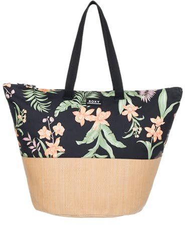 Roxy Strandtasche für Damen, Reisen, Urlaub, Stroh, leicht, atmungsaktiv, Waikiki Life - Anthracite Island Escape, Einheitsgröße, Leichte lässige Strandtasche aus Baumwoll-Leinen, großes