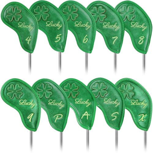 Golfschlägerkopfhauben für Fahrer/Fairwayholz/Hybrid/(1.3.5.UT)/Eisen/Putter, grünes PU-Leder, Kleeblatt