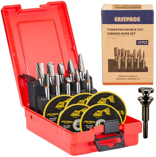 EASTPACE 10 PCS 1/4 Shank Tungsten Carbide Burr Set Double Cut for Metal Grinding, Deburring Die Grinder Bits Fit Dewalt Milwaukee Die Grinders Accessories 1PC Mandrel & 5PC 3inch Cut Off Wheel