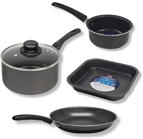 4-Piece Non-Stick Home Starter Cookware Set, 18cm Saucepan with Lid, 15cm Milk Pan, 24cm Frying Pan, 21cm Square Baking Pan, UK Made Perfect for University Students