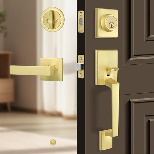 Gaurqiah Satin Brass Front Door Handleset – Zinc Alloy Gold Entry Door Lock Set with Reversible Lever, Adjustable 60/70mm Latch, Fits 1-3/8 to 1-3/4 Doors, Brushed Gold Exterior Lock Set