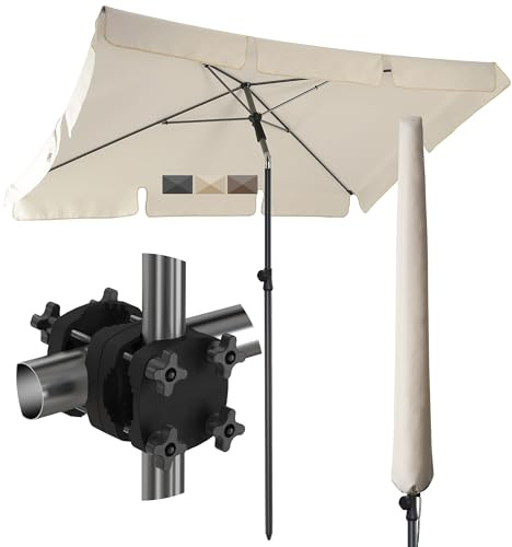 Menz Sonnenschirm Balkon SunnyShade, Sonnnenschutz Balkon SET 3-in-1, Beige - UV50+ Sonnenschirm rechteckig 200 x 125 cm + Sonnenschirmhalter Balkongeländer + Sonnenschirmhülle