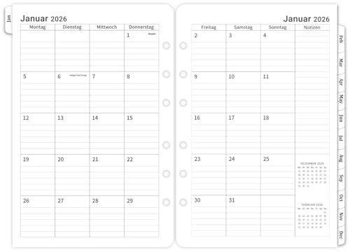 2026 Wochenplaner Einlage A5, 1 Woche 2 Seiten mit Tabs, Monatliche Seite 14x21cm, Kalendereinlagen 6 Löcher