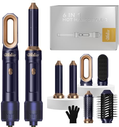 UKLISS Air Styler 6 en 1, Seche Cheveux Professionnel avec Brosse Cheveux Bouclés Automatique, Lisseur cheveux, Brosse Souflante, Hair Dryer, Brosse Thermique, Hair Styler pour Sytyling - Blu