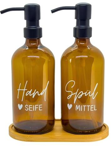 BoBoU 2er Set Glas Seifenspender braunes Glas 500ml Edelstahl Pumpenkopf mit Bambus Tablett handgeschriebener Text Spülmittelspender Handseifenspender Küche Bad