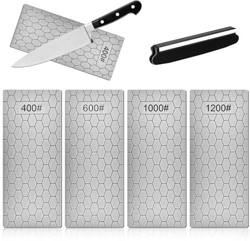 VGECEE 4 Pcs Piedras de Diamante para Afilar Cuchillos grano 400/600/1000/1200 Piedras de Afilar Placas Diamante Antideslizante Afilador de Cuchillos Profesional para Pulir Filos + Guías de Ángulo 15°