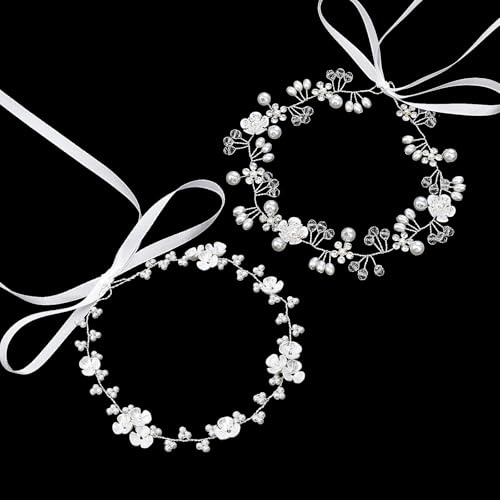 WJIAAA Håraccessoar för blomsterflickor, 2 st pannband för blomsterflickor, prinsessor, vita blommor, pärlhårklänning för bruden, strasspärlor, pannband för födelsedag, första nattvarden bröllop