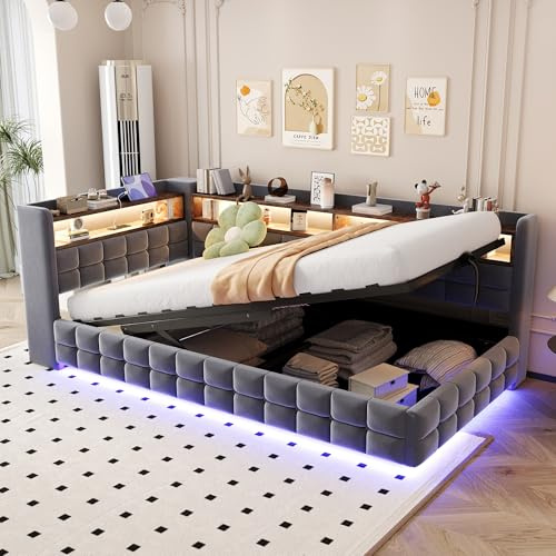 Polsterbett Schlafsofa 90x200, mit Hydraulischem Stauraum, LED-Beleuchtung | Einzelbett mit USB-Ladefunktion, Holzregal, Tagesbett, Jugendbett, Samt, Dunkelgrau, ohne Matratze