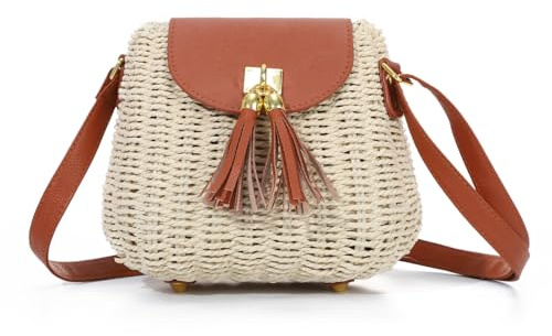 EVEOUT Stroh Umhängetasche Damen mit Quastenverzierung Sommer Klein Künst-Rattan Schultertasche Chic Geflochten Strohtasche für Strand Urlaub