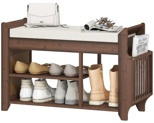 HOMCOM Shoe Bench Cushioned Seat 80 x 30 x 50 cm Dark Brown and Cream | Shoe Storage Bench, Side Holder, Boot Section, 2-Tier Natural Bamboo Entryway Rack, Hallway, Living Room