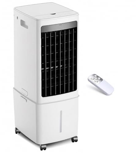 Climatizador Evaporativo de 12L con Ruedas y Mando a Distancia, Enfriador de Aire de 1000m³/h para 10㎡, 3 Velocidades, Temporizador de 7.5H, Aire Acondicionado Portátil,65cm
