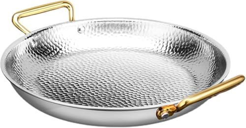 Paellera Española De Doble Asa, Paellera De Hierro Fundido Antiadherente, Sartén De Acero Inoxidable 304 Grueso Antiescaldaduras para Paella, Plato para Aperitivos. Silver 32CM