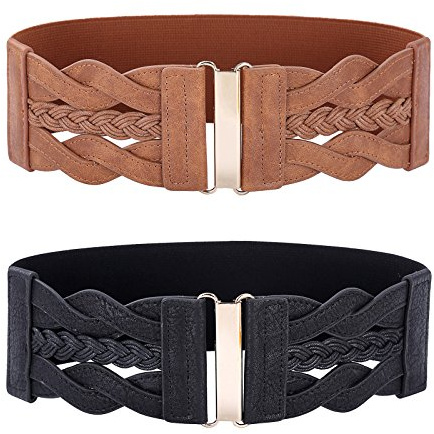 GRACE KARIN Womens Wide Elastic Belts PU Leather Waist Belts Vintage Fashion Woven Belt for Dresses Black Brown M