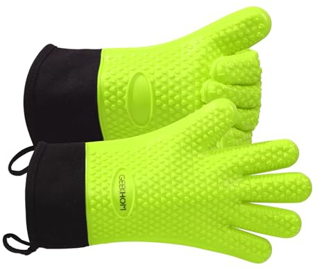 GEEKHOM Silikon Ofenhandschuhe Hitzebeständig Topfhandschuhe BBQ Handschuhe Wasserdicht Küchenhandschuhe für Backofen Grillen Mikrowelle, rutschfeste Backhandschuhe Mit Fingern, Grün, M