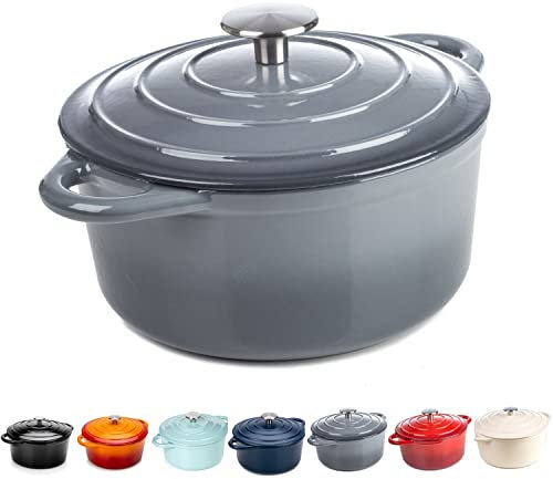 Round Casserole Dish - Cast Iron Ceramic Induction and Gas Safe Non Stick Dutch Oven Roasting Cooker - with Lid - 30cm - 10 Year Gurantee (5.2L Casserole, Grey)