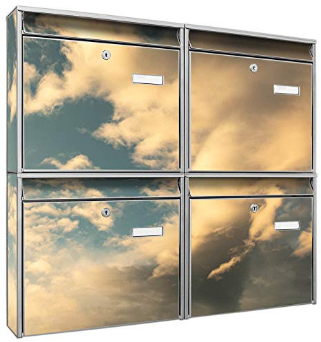 banjado Briefkastenanlage 4 Fach - Postkästen groß - verzinkter Stahl Silber DIN A4 Motiv Wolken 6 - Briefkasten Set 4 Briefkästen Namensschild, 2 Schlüssel, Montagematerial