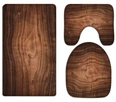 A.Monamour Set Tappeti Bagno 3 Pezzi Completo Fondo Di Struttura Di Legno Di Noce Marrone Antiscivolo Morbidi Assorbente Lavabile Tappetini per Il Bagno WC Bidet