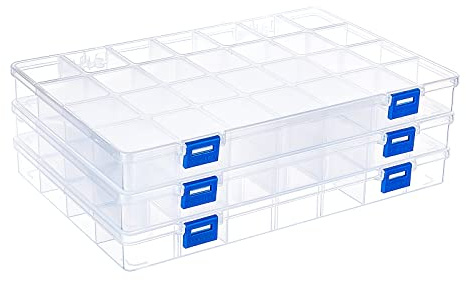 BENECREAT 3PCS 28 Grids Plastic Storage Box Jewellery Box Compartment Organizer Earring Storage Containers Clear Plastic Bead Case(11.2x7.9x1.2Inch)