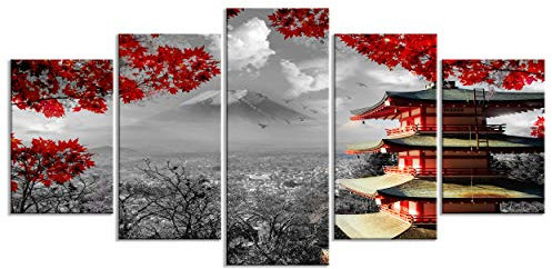 decomonkey - Impression sur Toile Campagne 150x75 5 Pièces - Tableau Décoration Appartement Déco Salon Peinture sur Toile Architecture nuages arbres montagnes japon paysage nature panorama