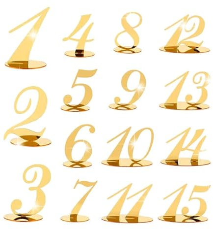 CDIYTOOL Hochzeit Tischnummern, Gold Spiegel Acryl Tischnummern Schilder mit Halter Basis, Empfang Tischnummern Tischnummern Karten für Party Event Catering Dekor (1-15)
