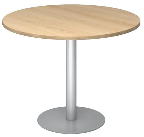 bümö Besprechungstisch, Esstisch groß, Tisch rund 100x100 cm in Eiche, Gestell: Silber - großer Rundtisch für 2 Personen mit Holz-Platte, Säule aus Metall, Konferenztisch, Bistrotisch