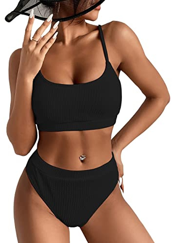 KOEMCY Costume da Bagno Donna Vita Alta Bikini Set Triangolo Sexy Due Pezzi Spiaggia Swimwear Estate (Nero, L)