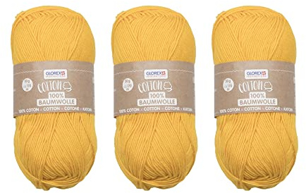 GLOREX 5 1004 51 - 3er Set Cotton aus 100 % Baumwolle, je 50 g in Sonnengelb, vielseitig einsetzbar, weich und waschbar