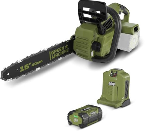 GREEN MACHINE Tronçonneuse à batterie 62 V, batterie 4 Ah, tronçonneuse électrique au lithium avec barre et chaîne Oregon de 16 pouces, batterie et chargeur