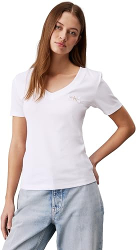 Calvin Klein Camiseta de Manga Corta Mujer Woven Label Rib V-Neck Cuello de Pico, Blanco (Bright White), XS