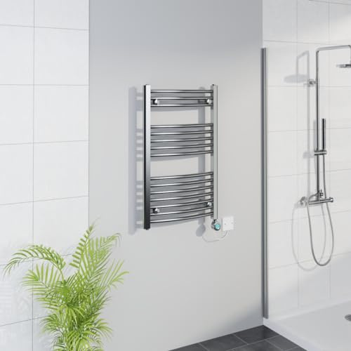 Warmehaus WiFi Electric Curved Heated Towel Rail Timer 800x500mm Chrome | Thermostatic, Smart LCD Display, Child Lock, T Piece, Prefilled, Electric Heated Towel Rail Warmer, Mild Steel